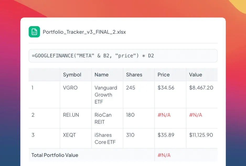 Spreadsheet with broken Google Finance formulas