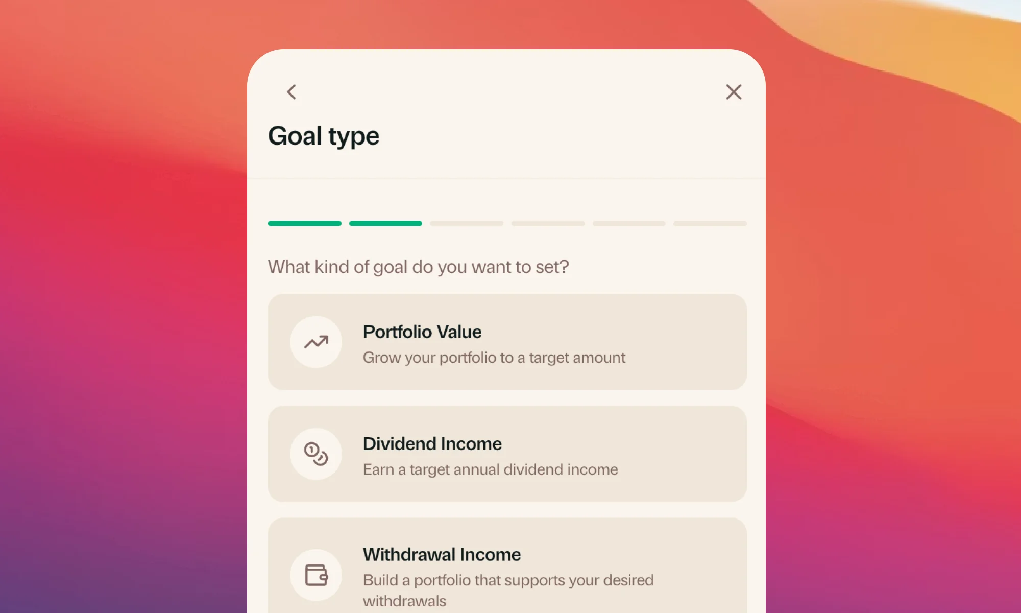 The three goal types in Greenline: Portfolio Value, Dividend Income, and Withdrawal Income