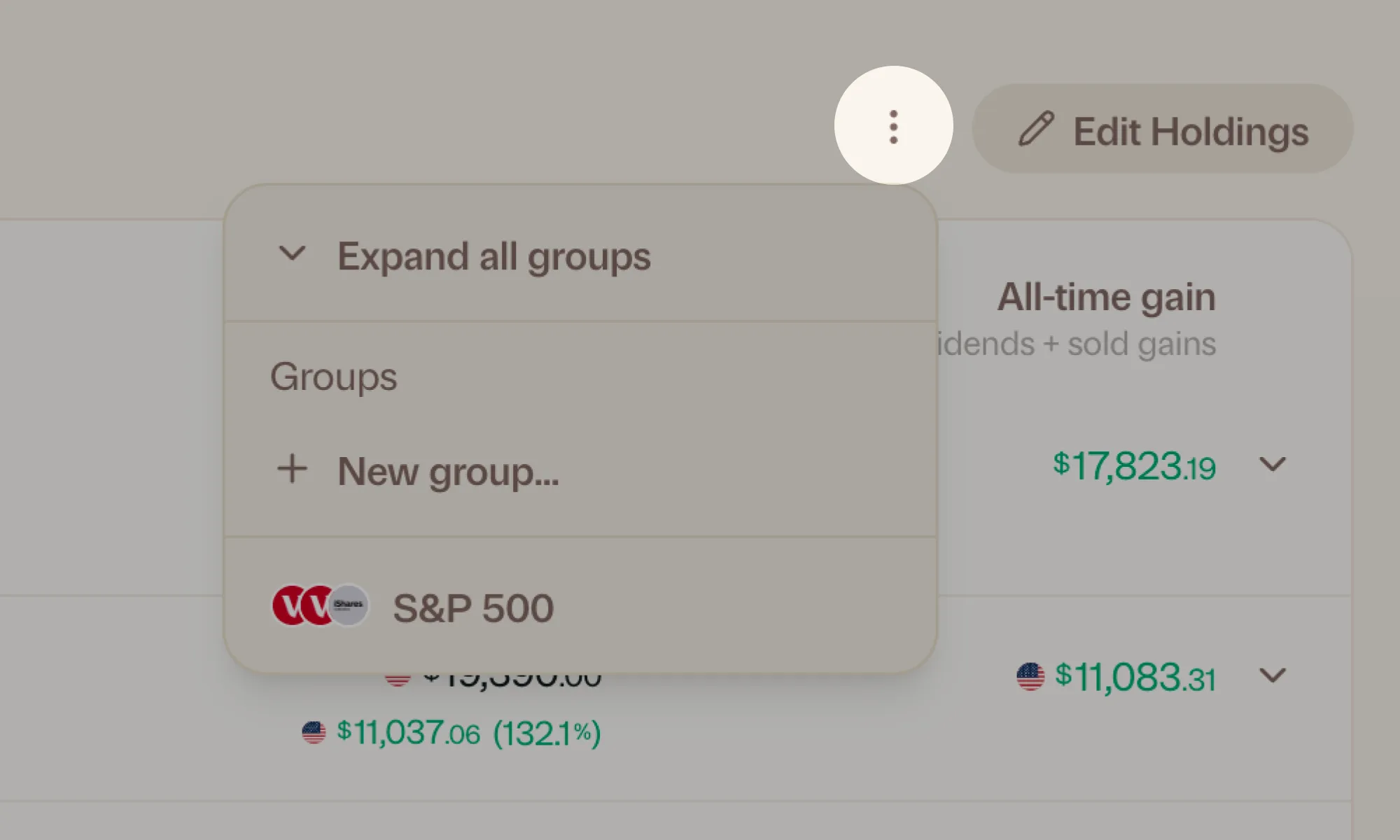 The Holdings page menu in Greenline with the New group option