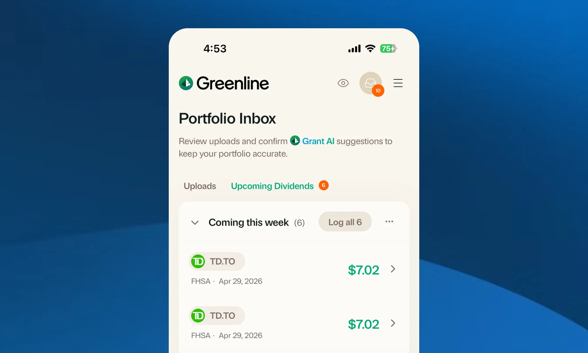 Upcoming Dividends section in the Greenline Portfolio Inbox