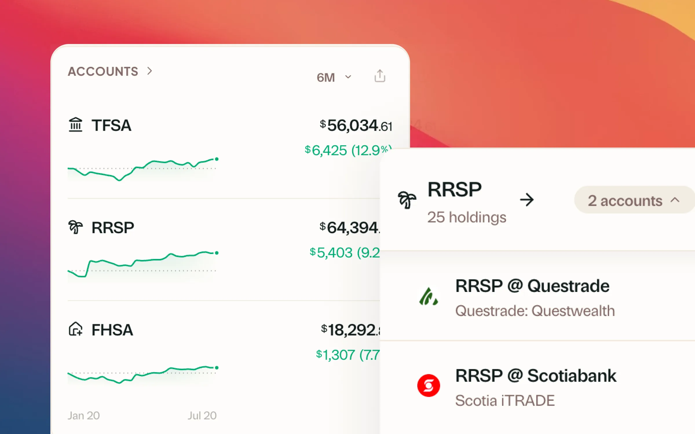 Greenline accounts view showing a combined total across accounts with per-account returns
