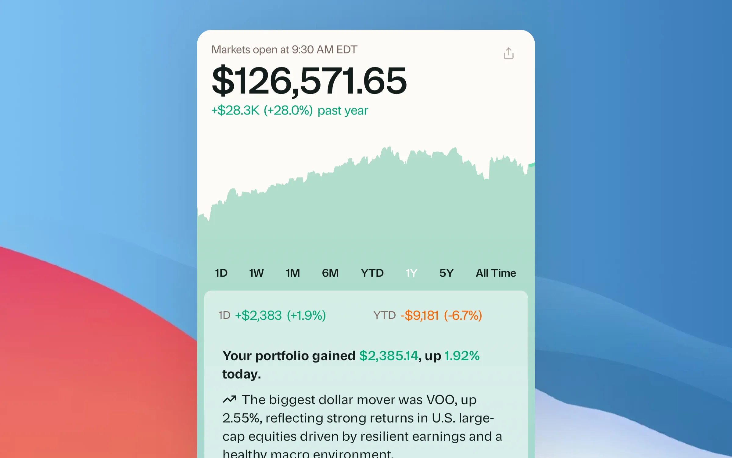 Greenline portfolio dashboard showing a consolidated total value with daily change and chart