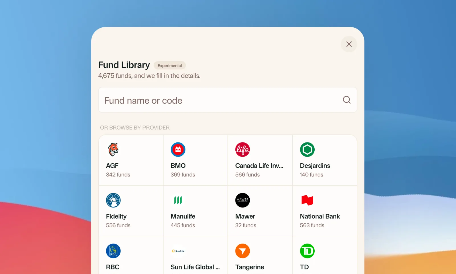 The Greenline Fund Library, with a search box for fund name or code and providers including AGF, BMO, Fidelity, National Bank, RBC, and TD